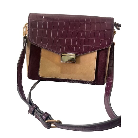 Parfois Womens Faux Croc Leather Crossbody Bag Burgundy & Tan Colorblock With Ad - Picture 1 of 9